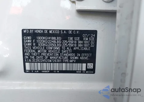 2025 Honda Hr-V Awd Sport from USA, damaged, VIN 3CZRZ2H52SM726381